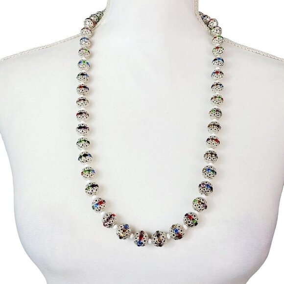 Filigree & Rhinestone Crystal Beaded Necklace 28" Toggle Clasp Silver Tone EUC - Picture 2 of 9